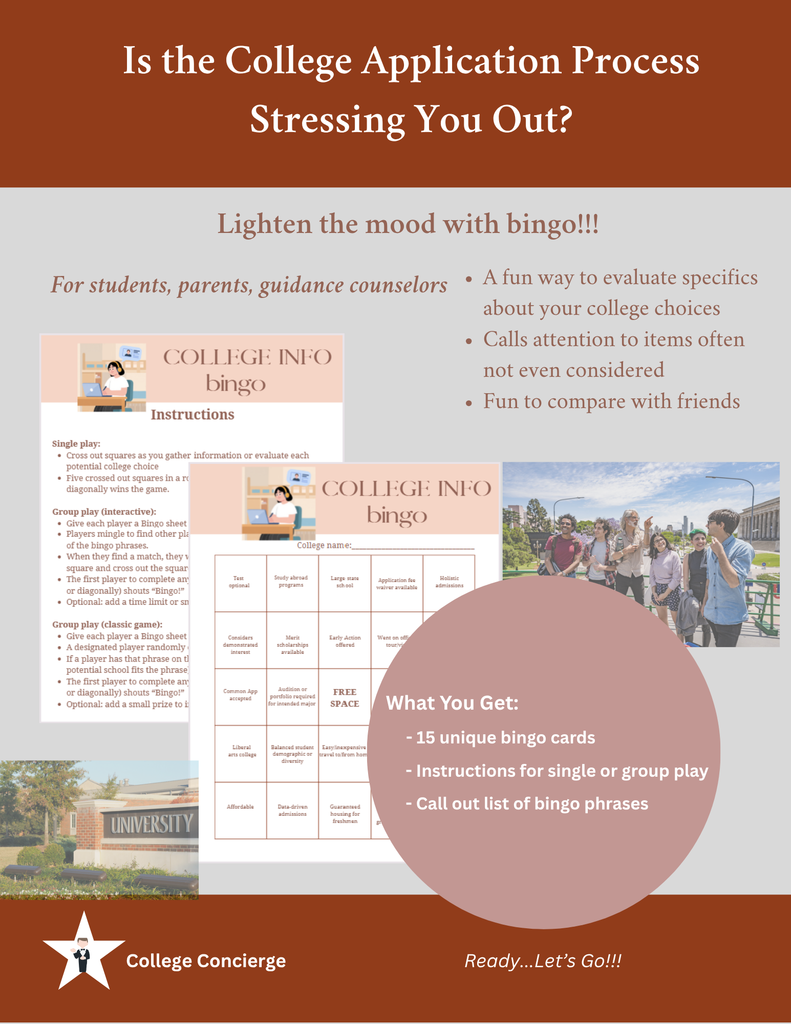 College Bingo Cards – Applications Pack (15 Cards)