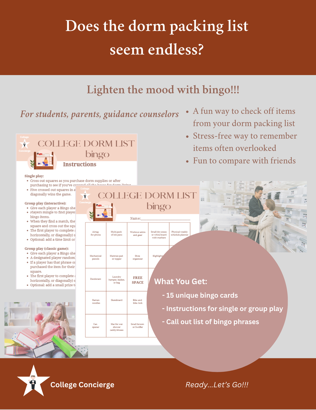 College dorm packing list bingo card set — 15 printable bingo cards for students, parents, and guidance counselors preparing for move-in day