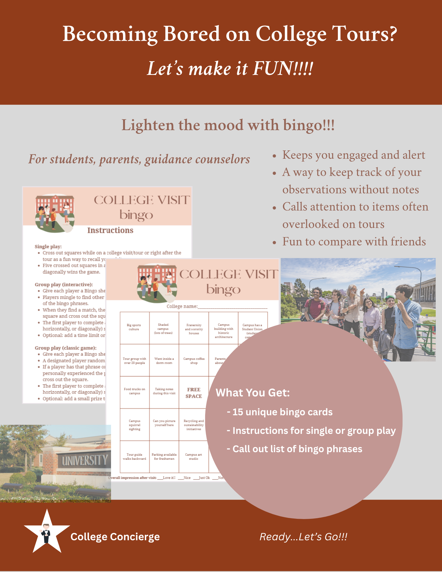 College Bingo Cards – Campus Visits Pack (15 Cards)