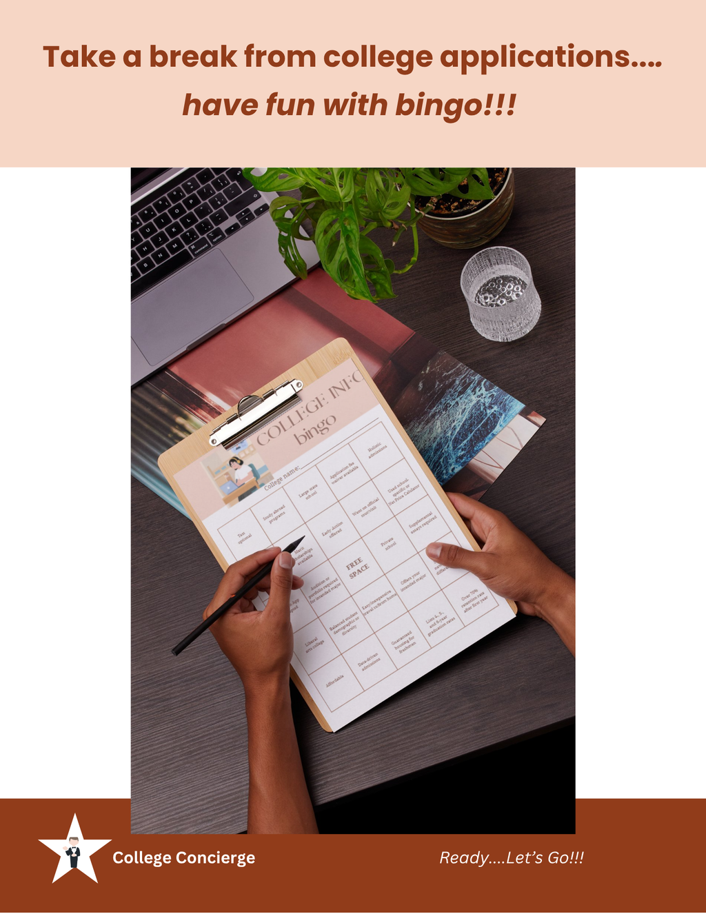 Promotional graphic with the text 'Take a break from college applications.

Student playing College Info bingo while researching college applications — printable college planning activity for US high school seniors
