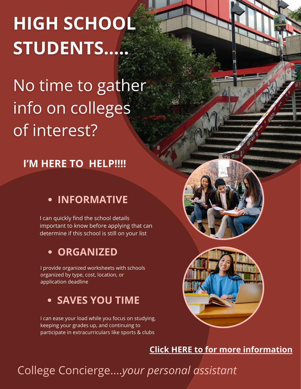 College research worksheet for high school students - compare colleges by cost and location

College Concierge promotional graphic for high school students — informative, organized college comparison service that saves time

College Concierge college comparison service — informative and organized research for high school students with no time to gather college info
