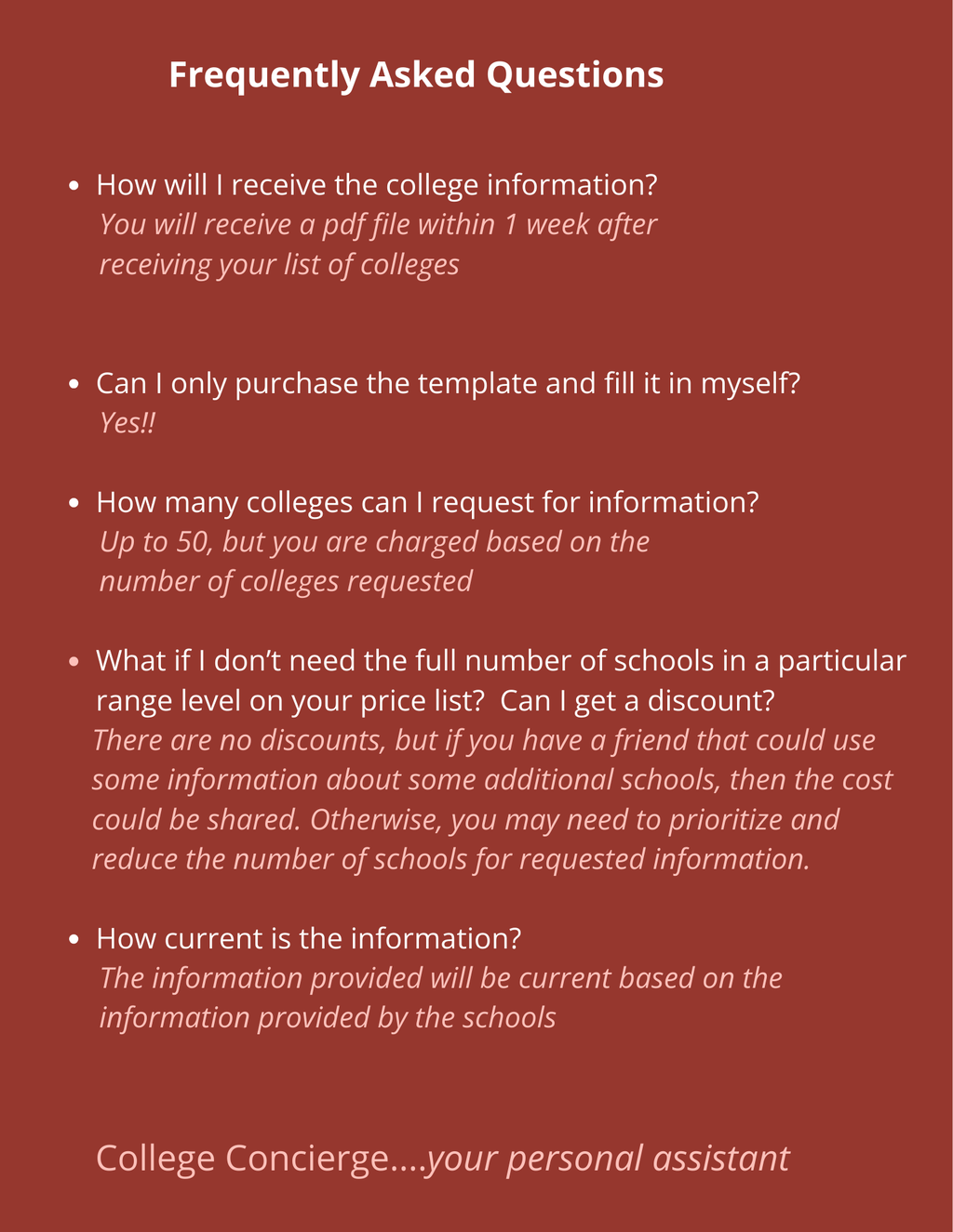 College comparison worksheet digital download - organize college applications

Frequently asked questions about the College Concierge college comparison worksheet and research service

FAQ graphic for College Concierge college comparison template and service request — answers about delivery, pricing, and college count

