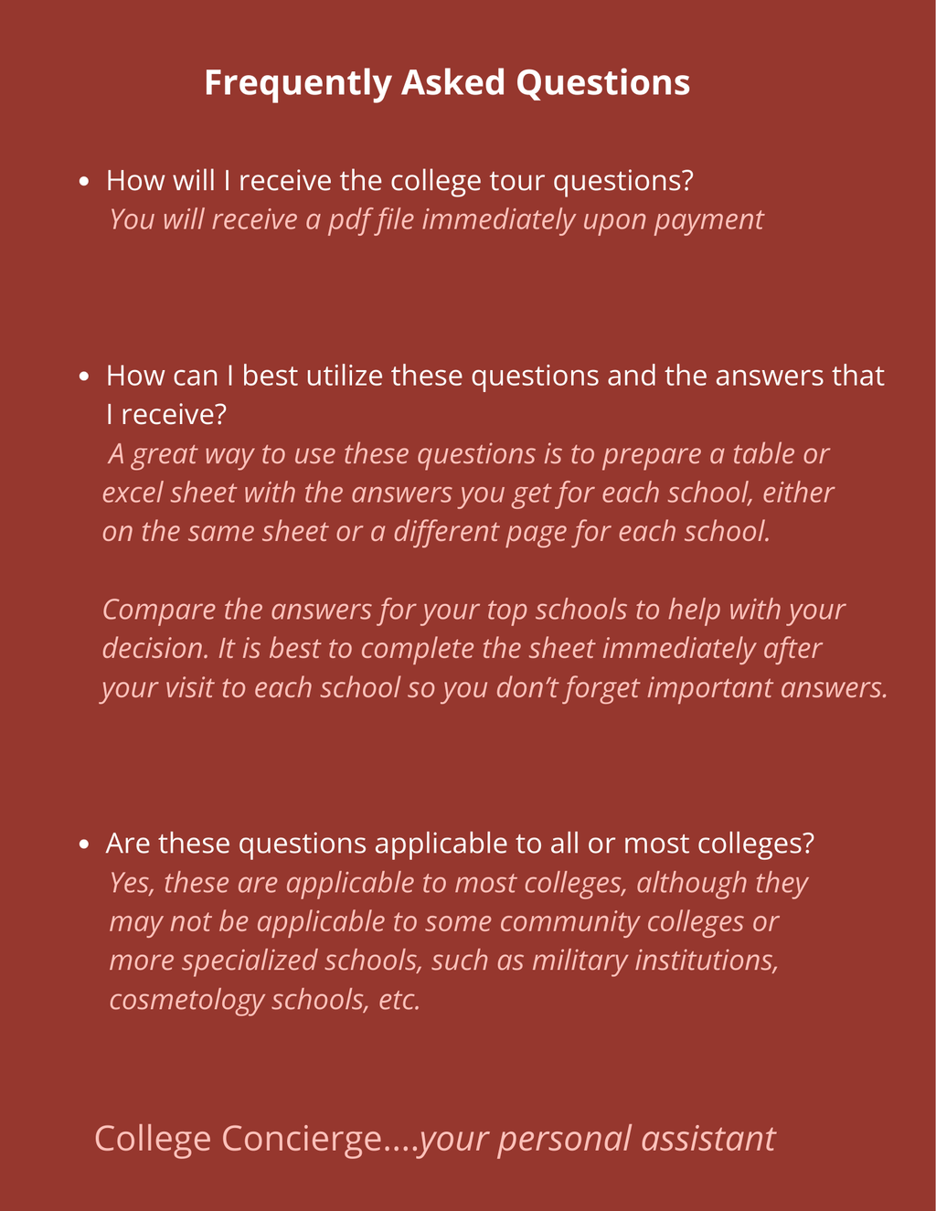 FAQ - college tour questions PDF download - College Concierge

Sample page from College Tour Questions guide showing key questions to ask during a campus visit

